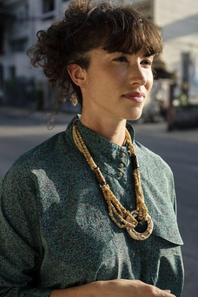 person, street, city, style, woman, casual, town, necklace, downtown