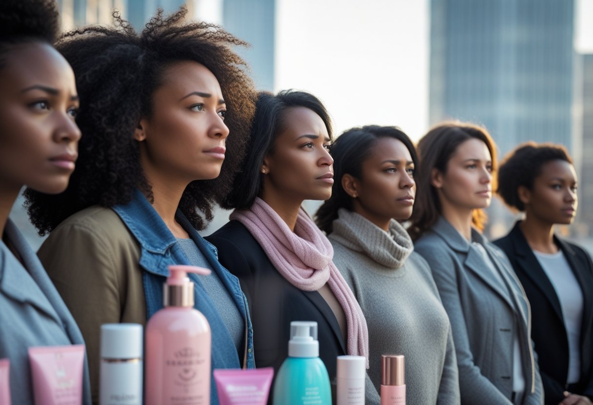 A diverse group of women standing together outdoors with everyday consumer products floating around them, symbolizing financial challenges women face.