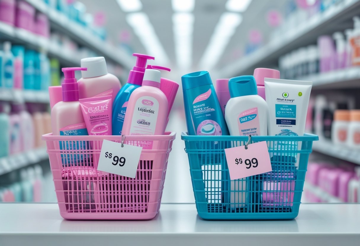 Two shopping baskets side by side on a store shelf, one filled with women's personal care products and the other with men's, showing a price difference.