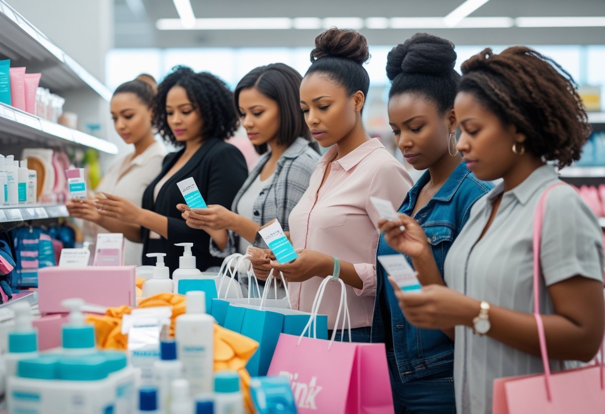 A diverse group of women shopping in a store, comparing prices on everyday products with thoughtful expressions.