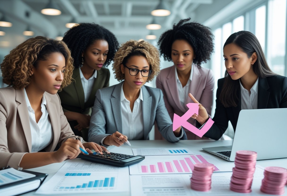 A group of diverse women reviewing financial documents and charts together at a modern office table, surrounded by coins and bills.