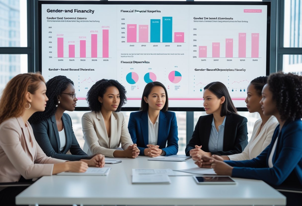 A diverse group of women in a modern office discussing financial charts and data, symbolizing collaboration and efforts to address economic challenges faced by women.