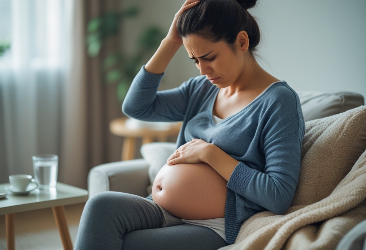 A woman sitting on a couch holding her lower abdomen and supporting her head, appearing to experience physical and mental discomfort.