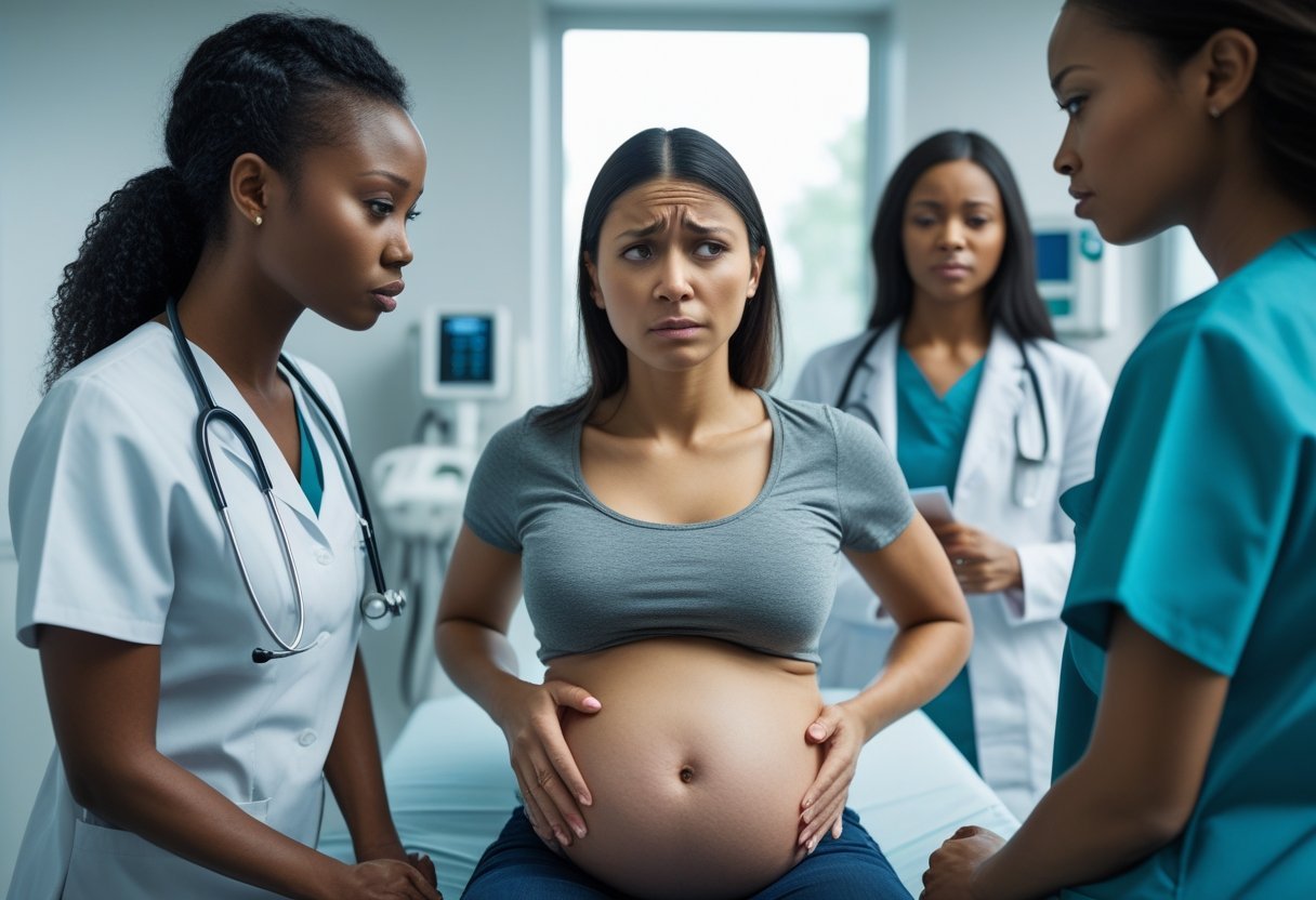 A woman holding her lower abdomen in pain sits on a medical examination table while a female doctor and nurse stand nearby in a clinic room.