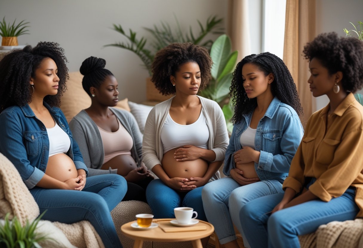 A group of diverse women sitting together in a cozy room, some gently holding their abdomen, expressing thoughtful and supportive emotions.