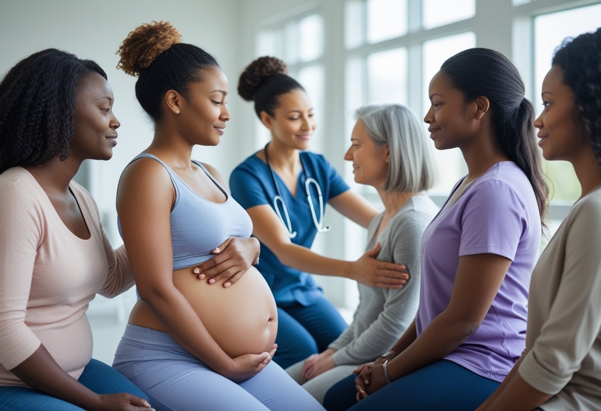 A group of women in a bright wellness center, one holding her abdomen in discomfort while another offers comfort, with a healthcare professional talking to a patient in the background.
